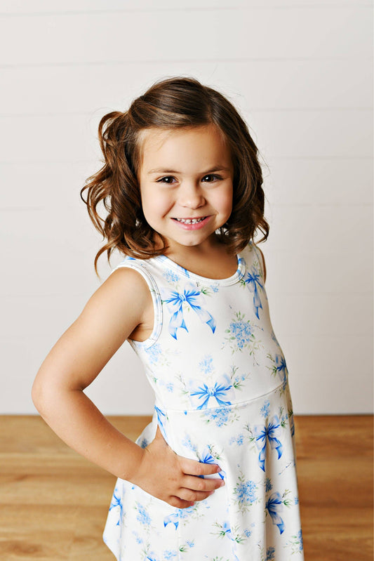 Girls White & Blue Bow Athletic Active Sport Scalloped Dress: 10/12