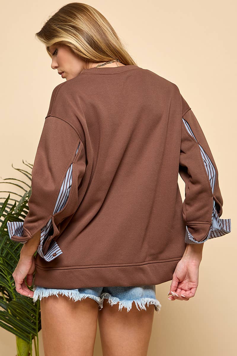 Stripe Detail Long Sleeve Sweatshirt: Brown / S