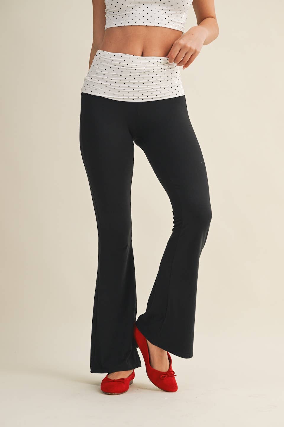 Polka Dot Soft Knit Foldover Flare Pants: Blue/Black Polka Dot / S