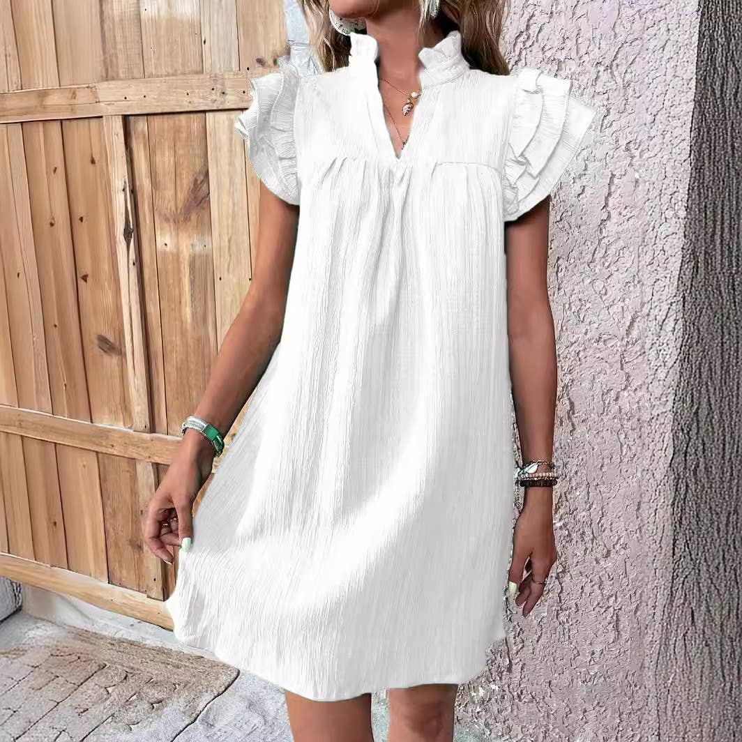 MULTI-LAYER LOTUS SLEEVE V-NECK PULLOVER DRESS: SKYBLUE / (XXL) 1