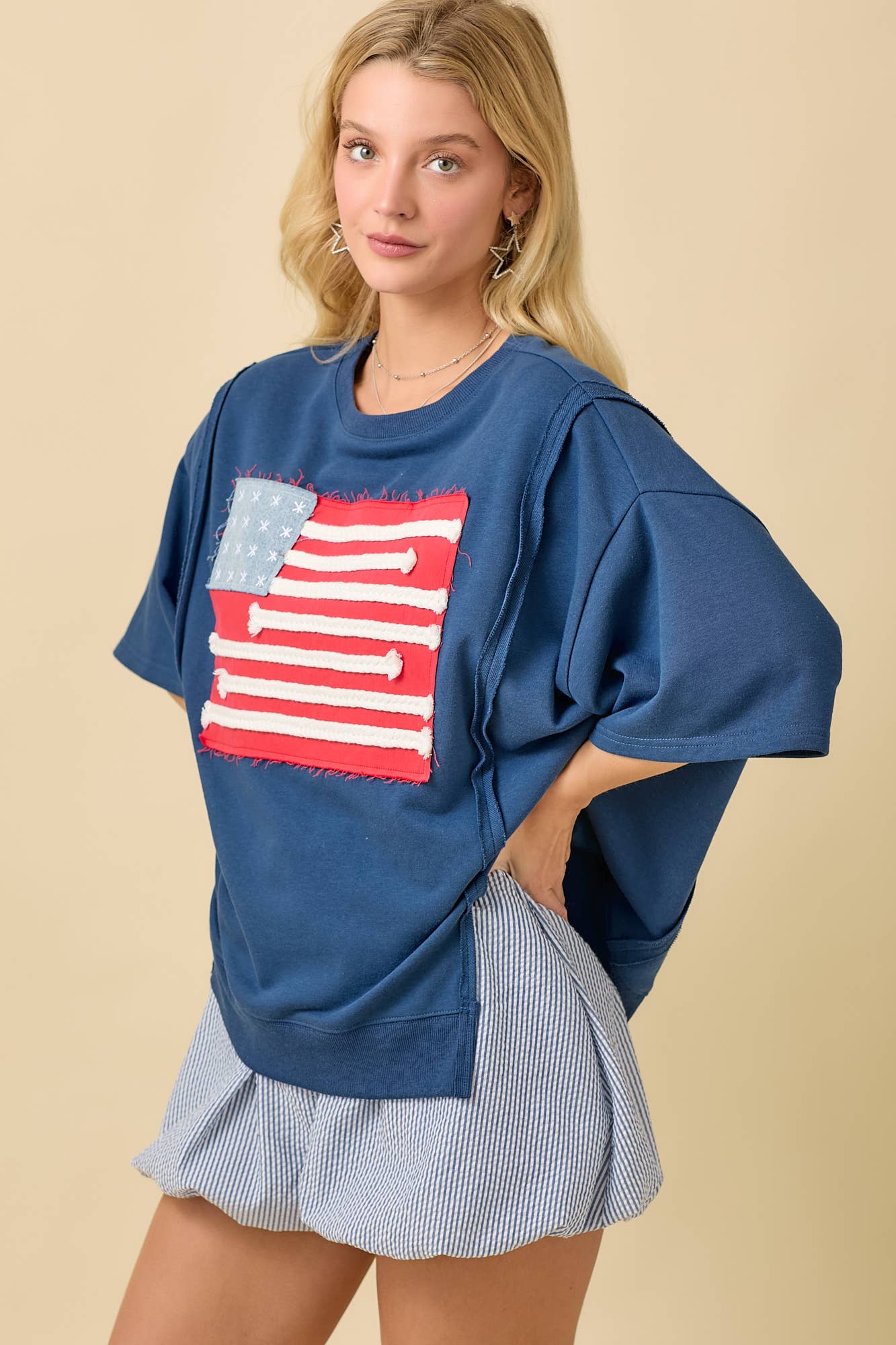 Boxy Wide Short Sleeve Top With American Flag Patchwork: DARK BLUE / S