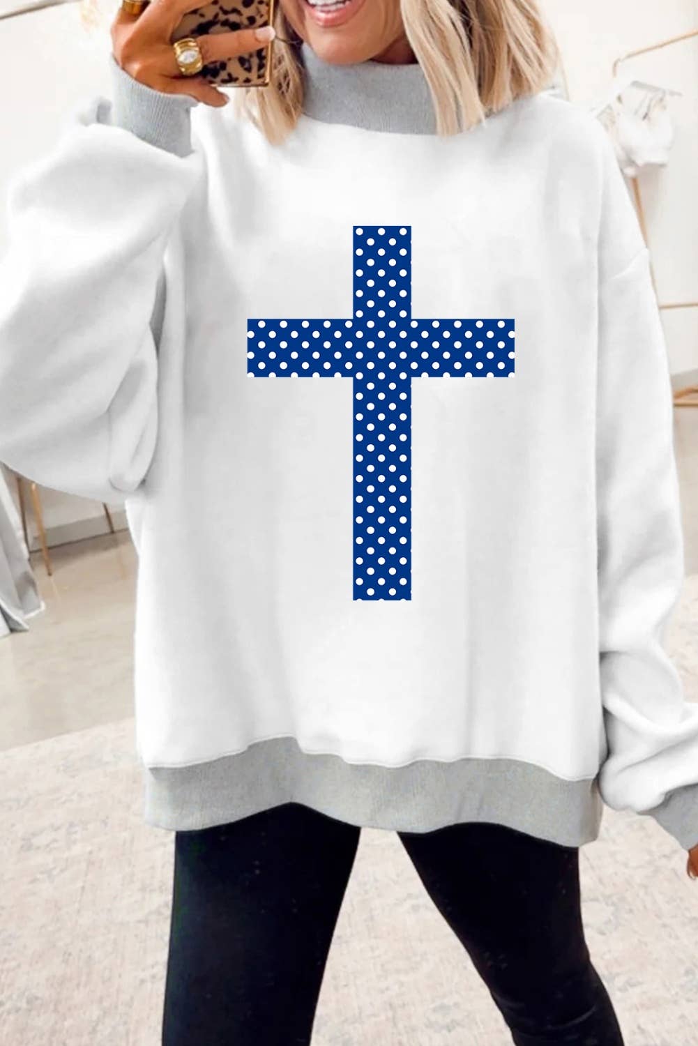 LDC Polka Dot FAITH Print Mock Neck FAIT Shift Top: Light Grey / XL
