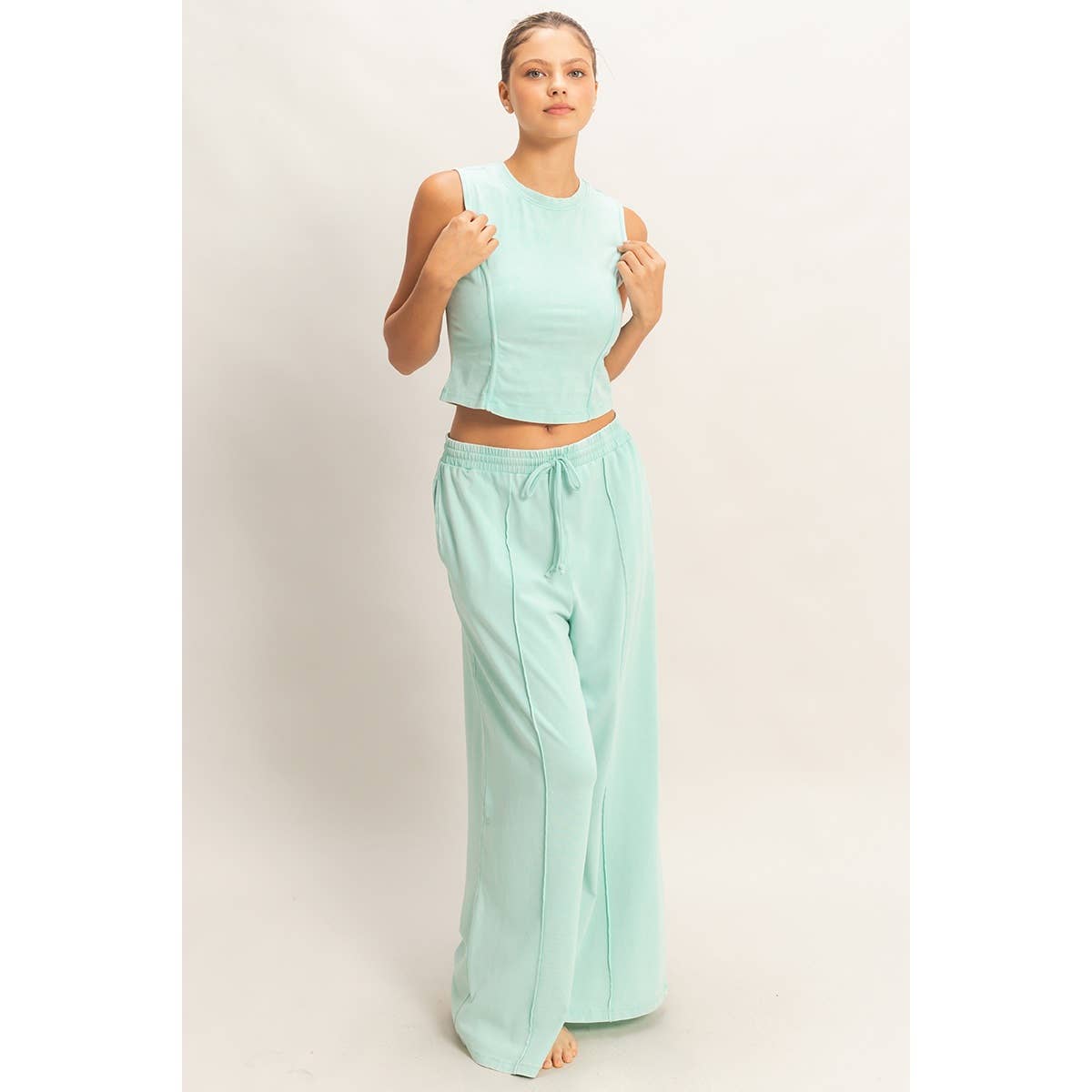 Mineral Washed Sleeveless Top & Wide Leg Pants Set: BLACK / S-M-L(2-2-2)