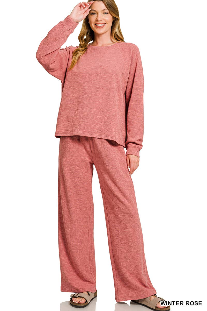 Slub Long Sleeve Top And Pants 2pcs Set: HUNTER GREEN / 1-1-1(S-M-L)