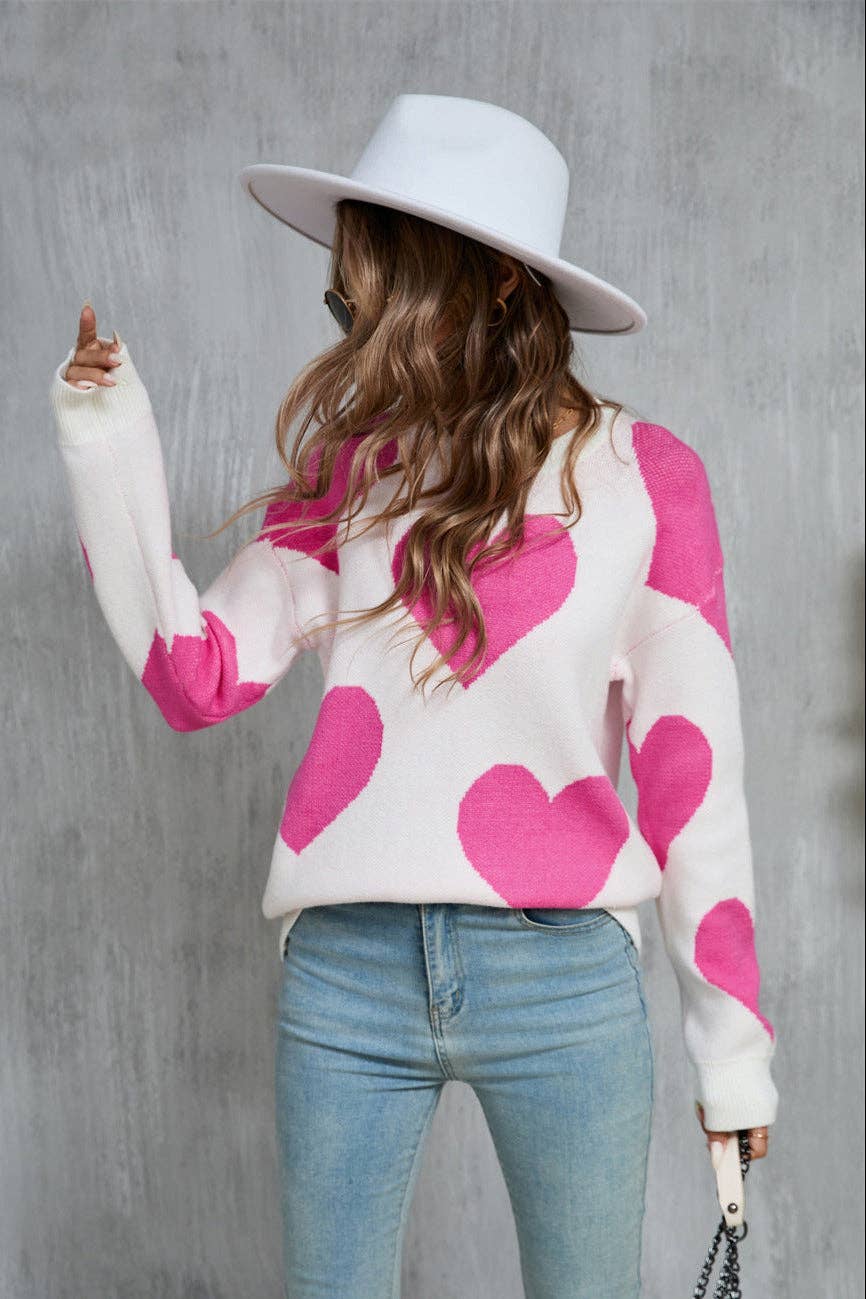 Valentine Heart Knit Sweater Pink Red Pullover Top: Rose Red / S