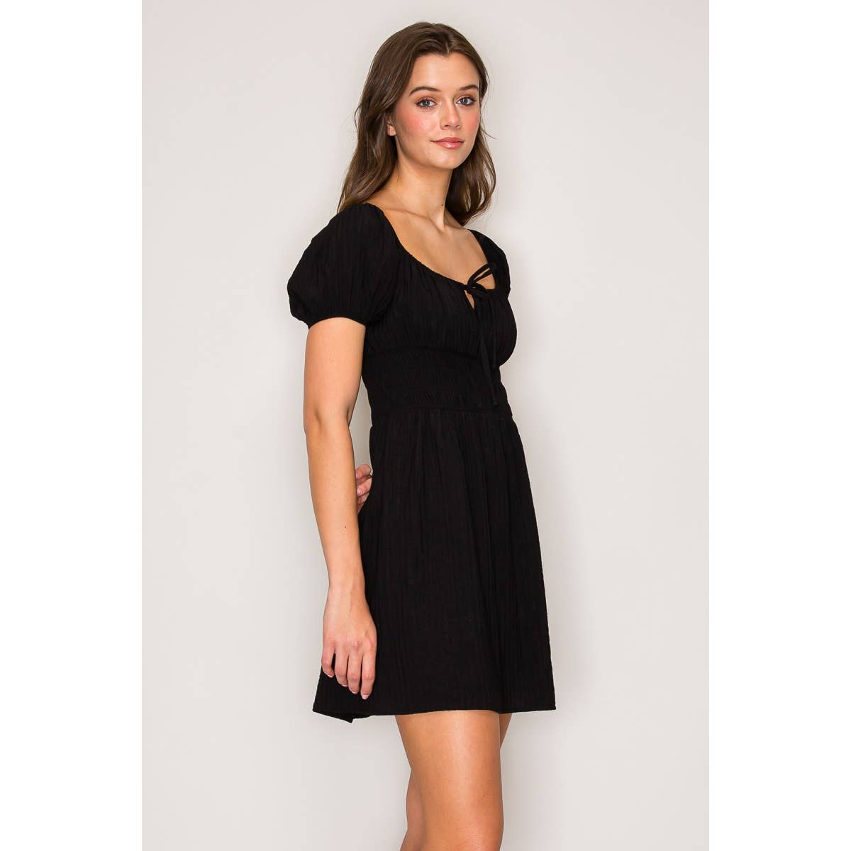 Puff Sleeve Tiered Mini Dress: Black / S-M-L(2-2-2)