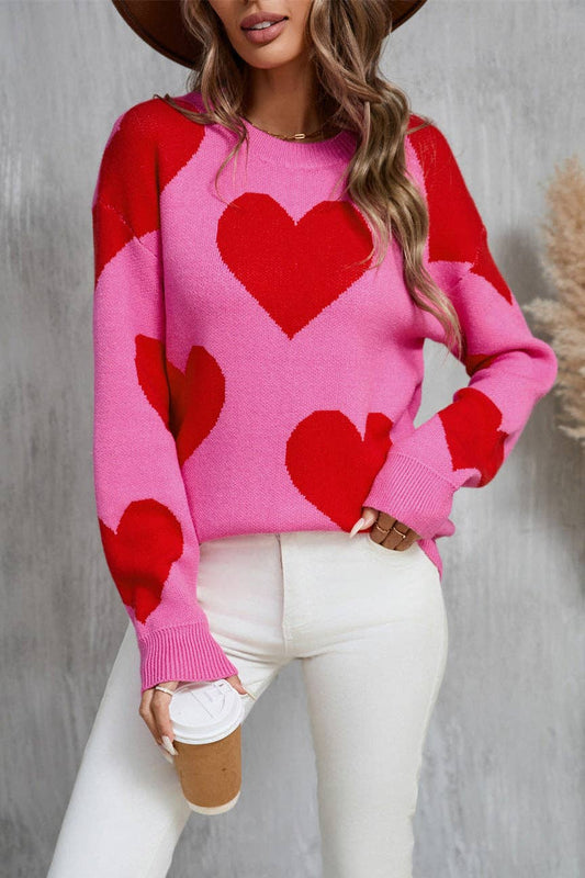 Valentine Heart Knit Sweater Pink Red Pullover Top: Rose Red / M
