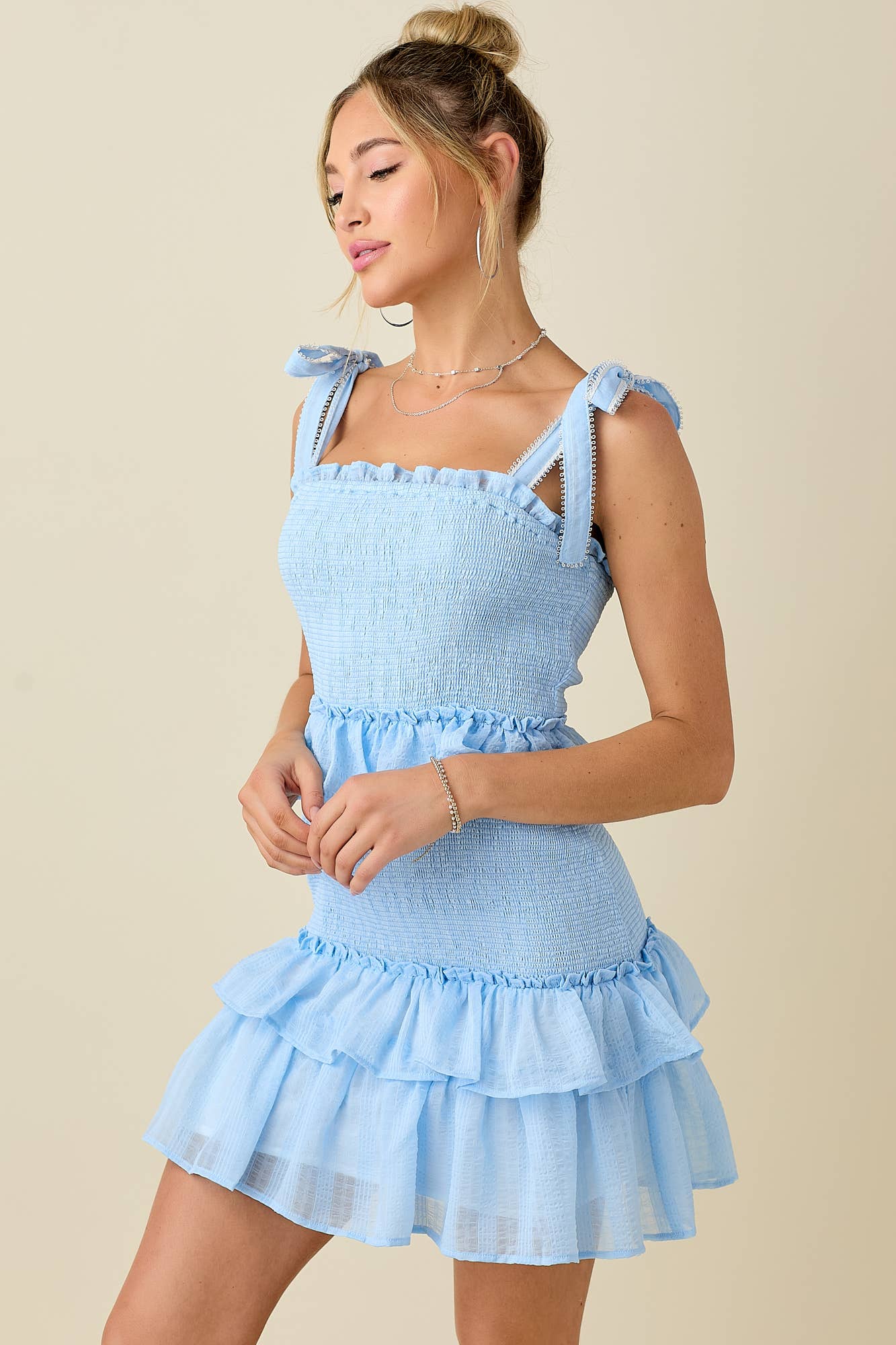 Jacquard smocked ruffled lace shoulder straps mini dress: BLUE / S