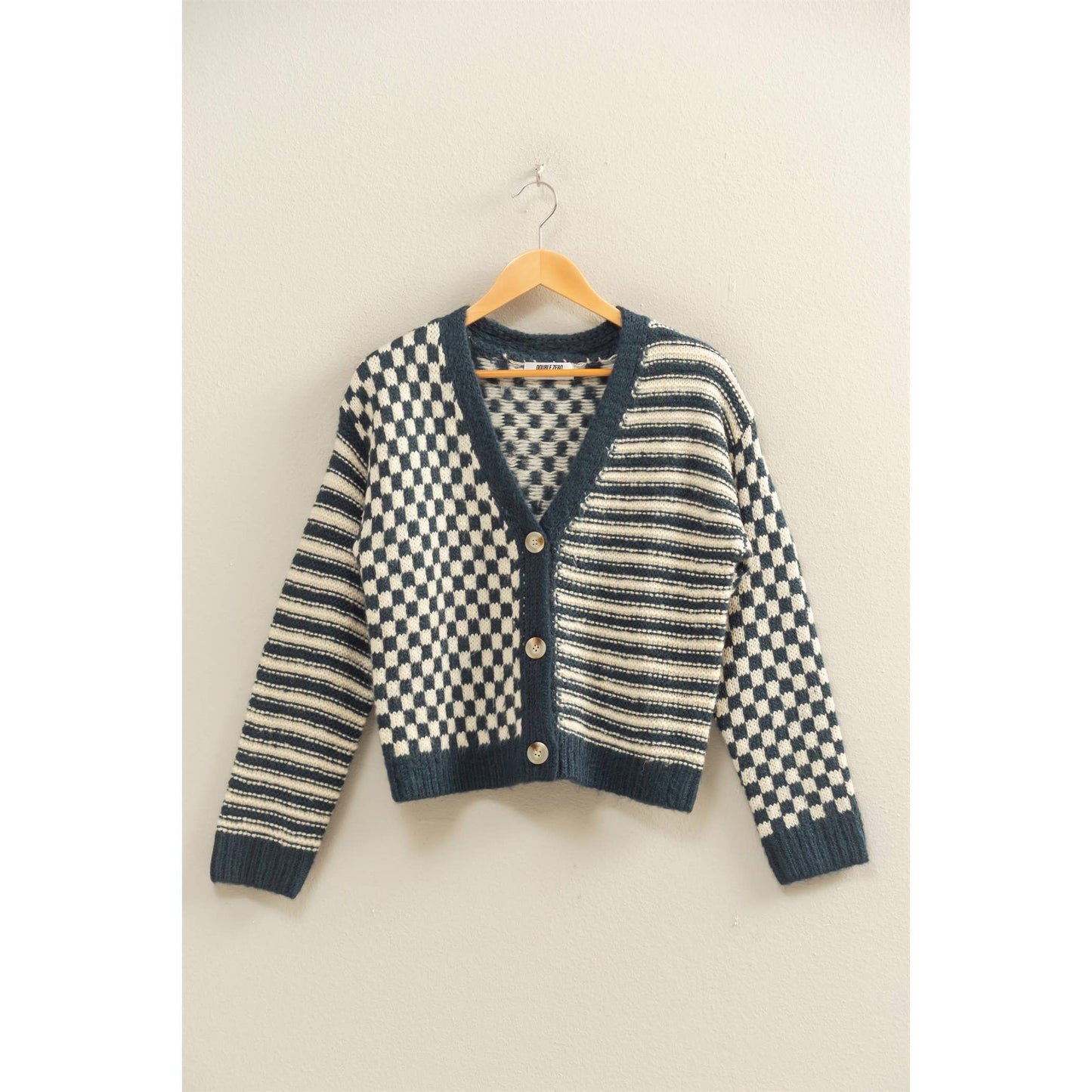 Checker And Stripe Contrast Knit Cardigan Sweater: SOFT PINK/CREAM / S-M-L(2-2-2)