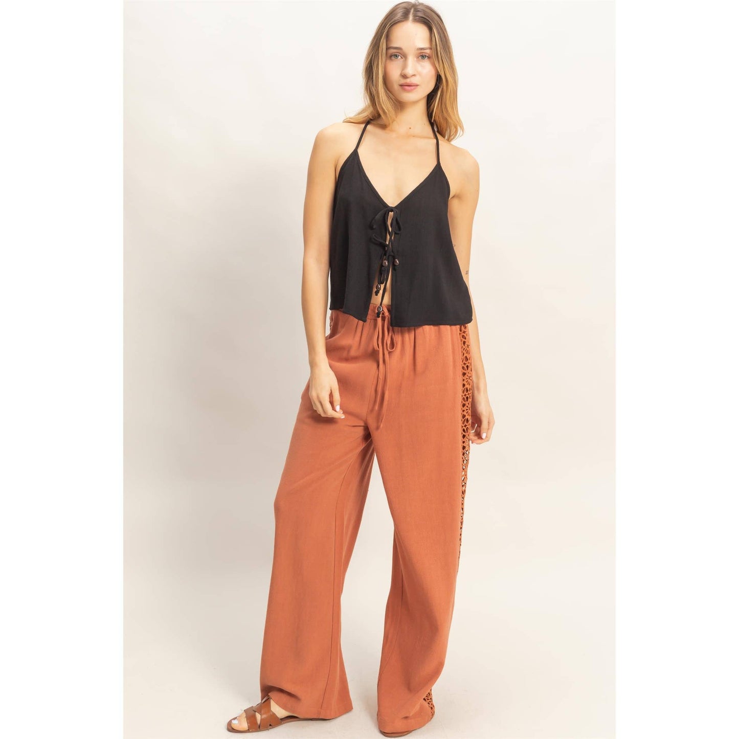 Lace Trim Wide Leg Pants: TERACOTTA / S-M-L(2-2-2)