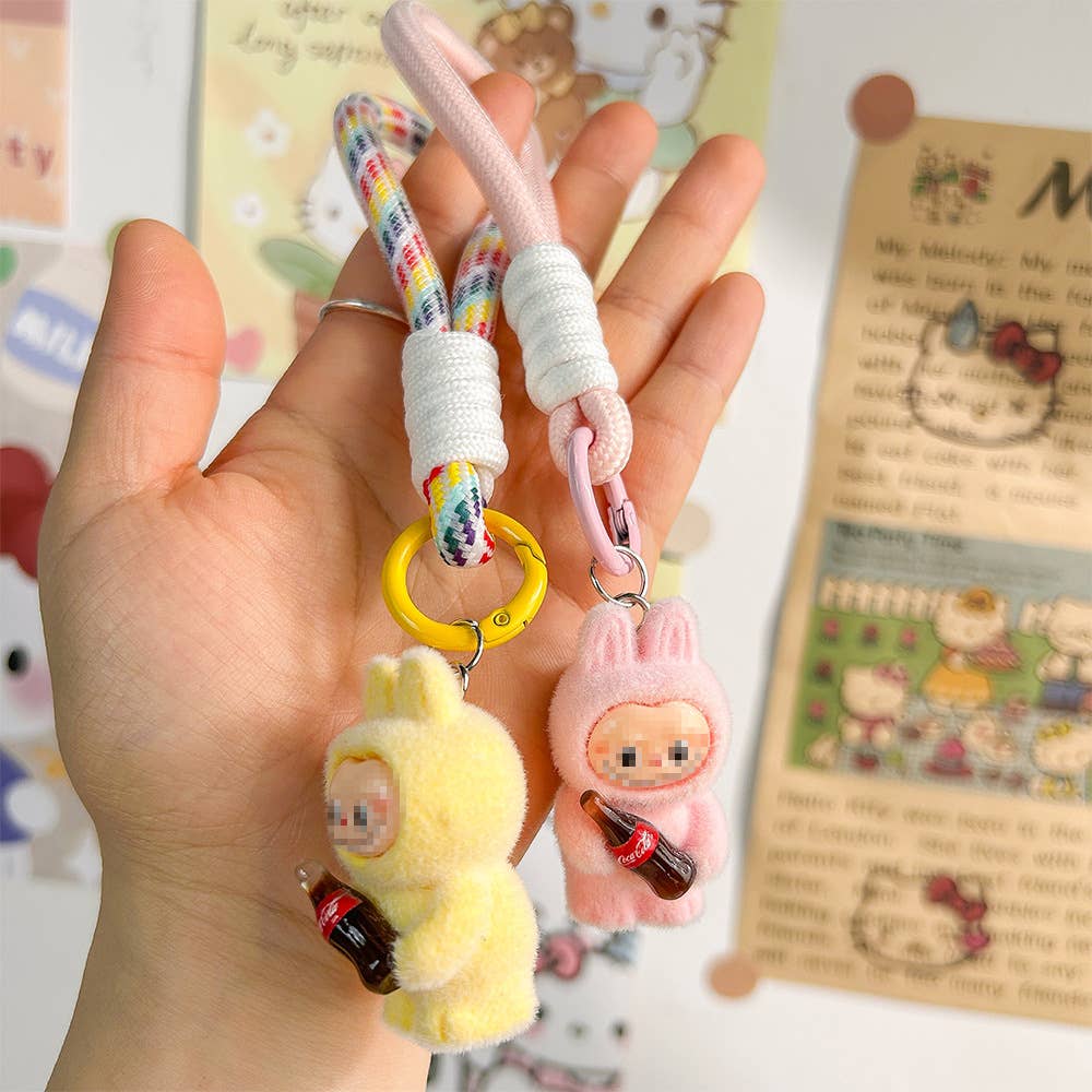 Get Cola in my hands Fluffy Labubu bag charm rope keychain: Purple