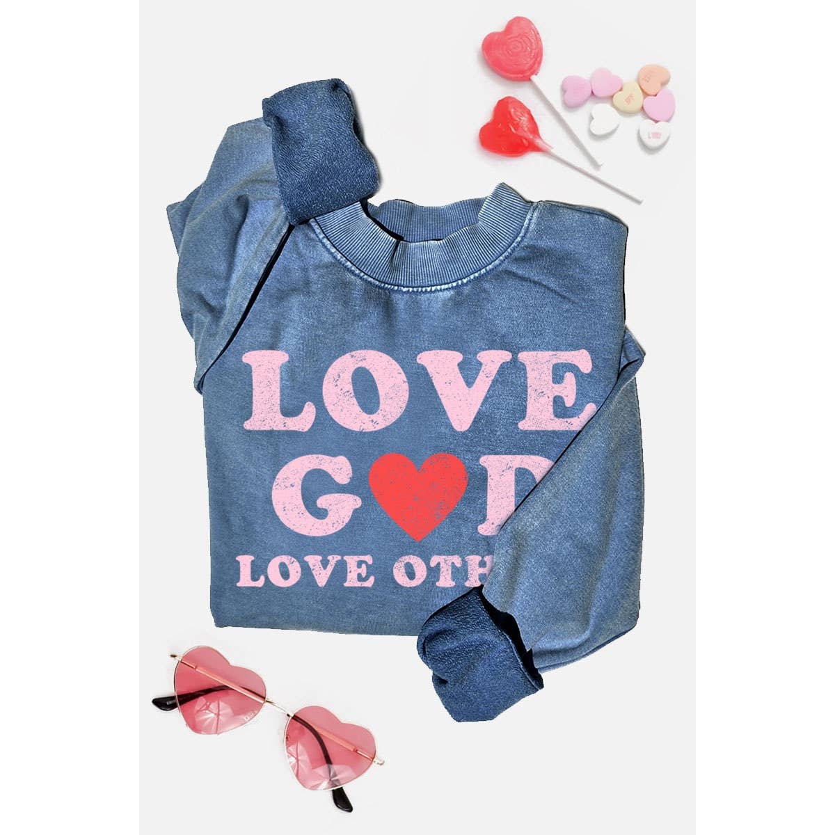 LOVE GOD LOVE OTHERS MINERAL GRAPHIC SWEATSHIRTS: MINERAL HOT PINK / S-M-L-XL(1-2-2-1)