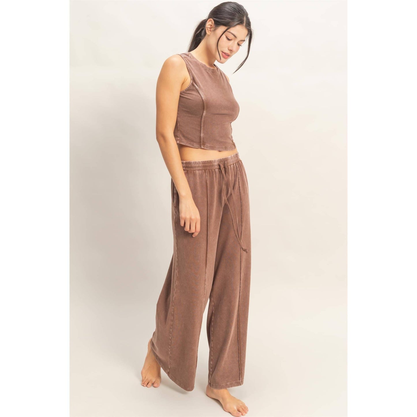 Mineral Washed Sleeveless Top & Wide Leg Pants Set: BLACK / S-M-L(2-2-2)