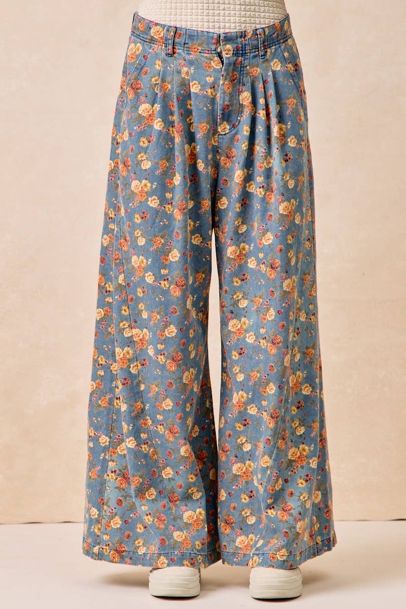 Vintage Washed Floral Printed Wide Denim Pants: DENIM / 2-2-2-2(S-M-L-XL)