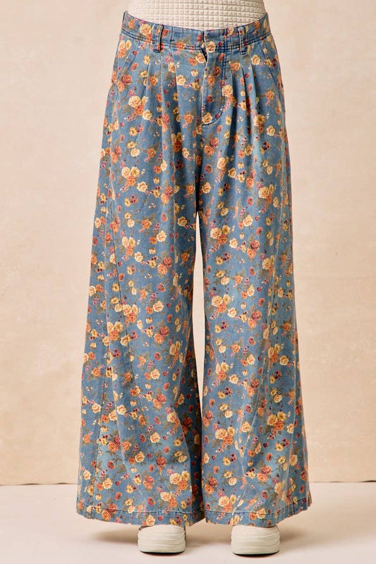 Vintage Washed Floral Printed Wide Denim Pants: DENIM / 2-2-2-2(S-M-L-XL)
