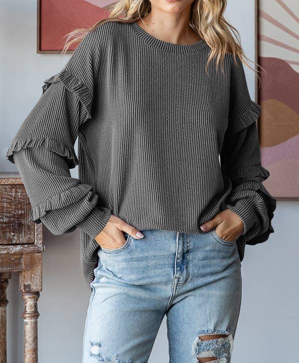 Balloon Sleeve Ruffle Sleeve Pullover Top: Green / M
