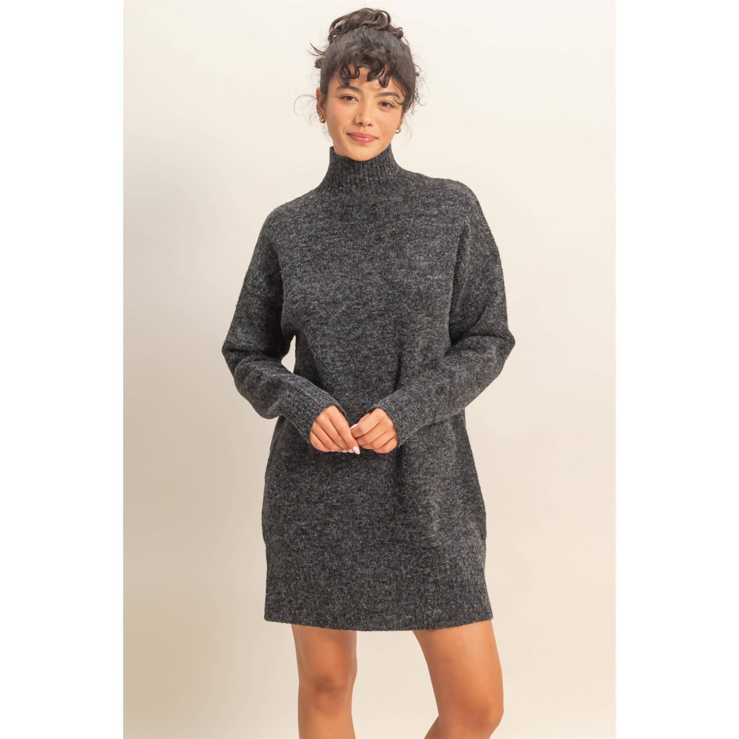 High Neck Sweater Mini Dress: BLACK / S-M-L(2-2-2)