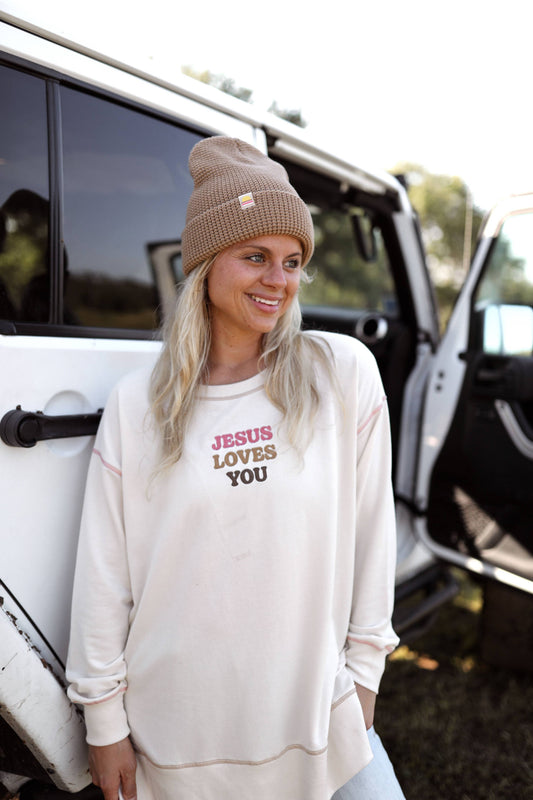 Jesus Loves You Embroidery - Light Weight Stitch Sweatshirt: Small
