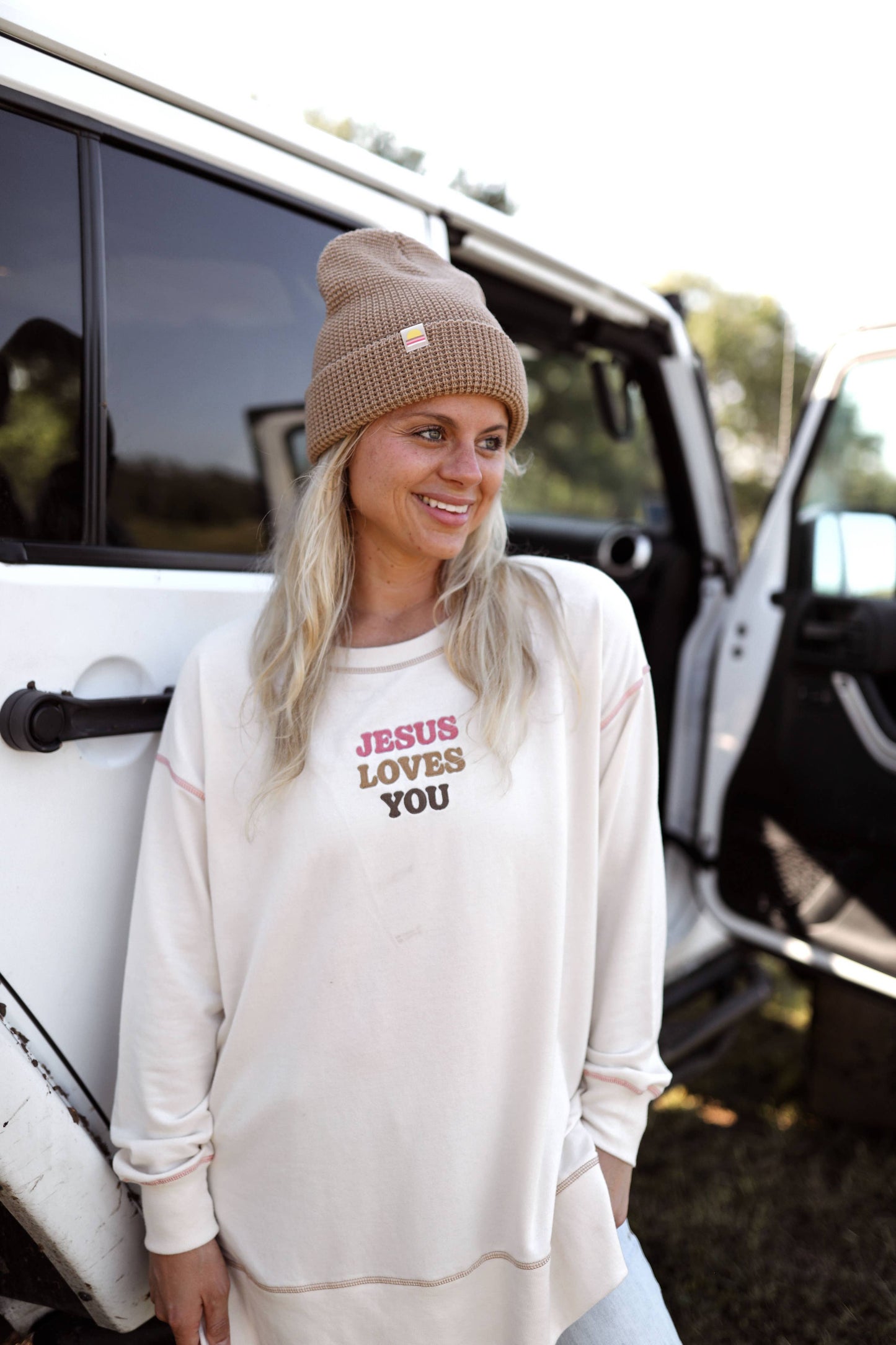 Jesus Loves You Embroidery - Light Weight Stitch Sweatshirt: XL