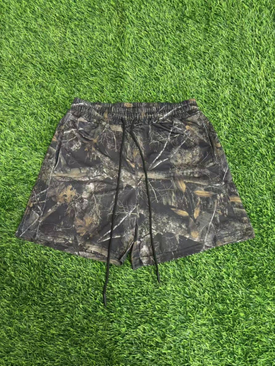 Essential woodland tree camo workout shorts - 4 colors: Cement / XL