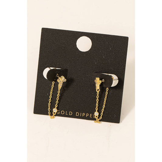 Pave Cross Stud Chain Dangle Earrings: GOLD