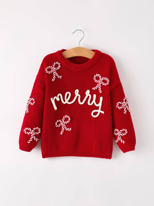 （Pre-order）Girls Winter Christmas Red "merry" Pullover Sweater: 7