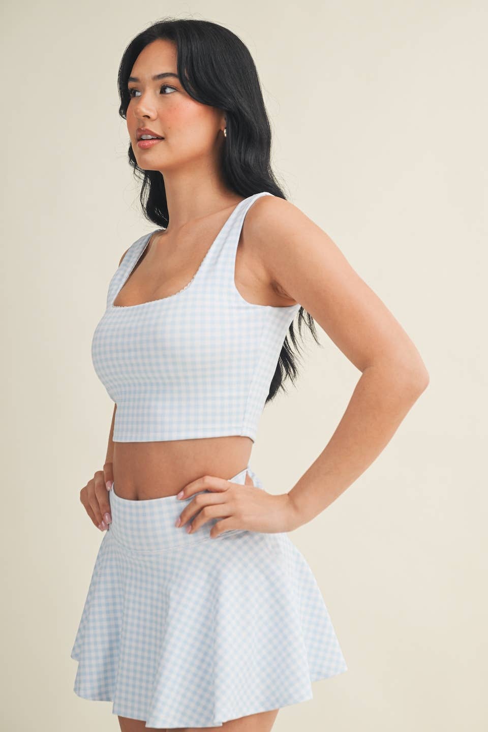 Gingham Print Crop Tank with Lace Trim: Pink Gingham / L