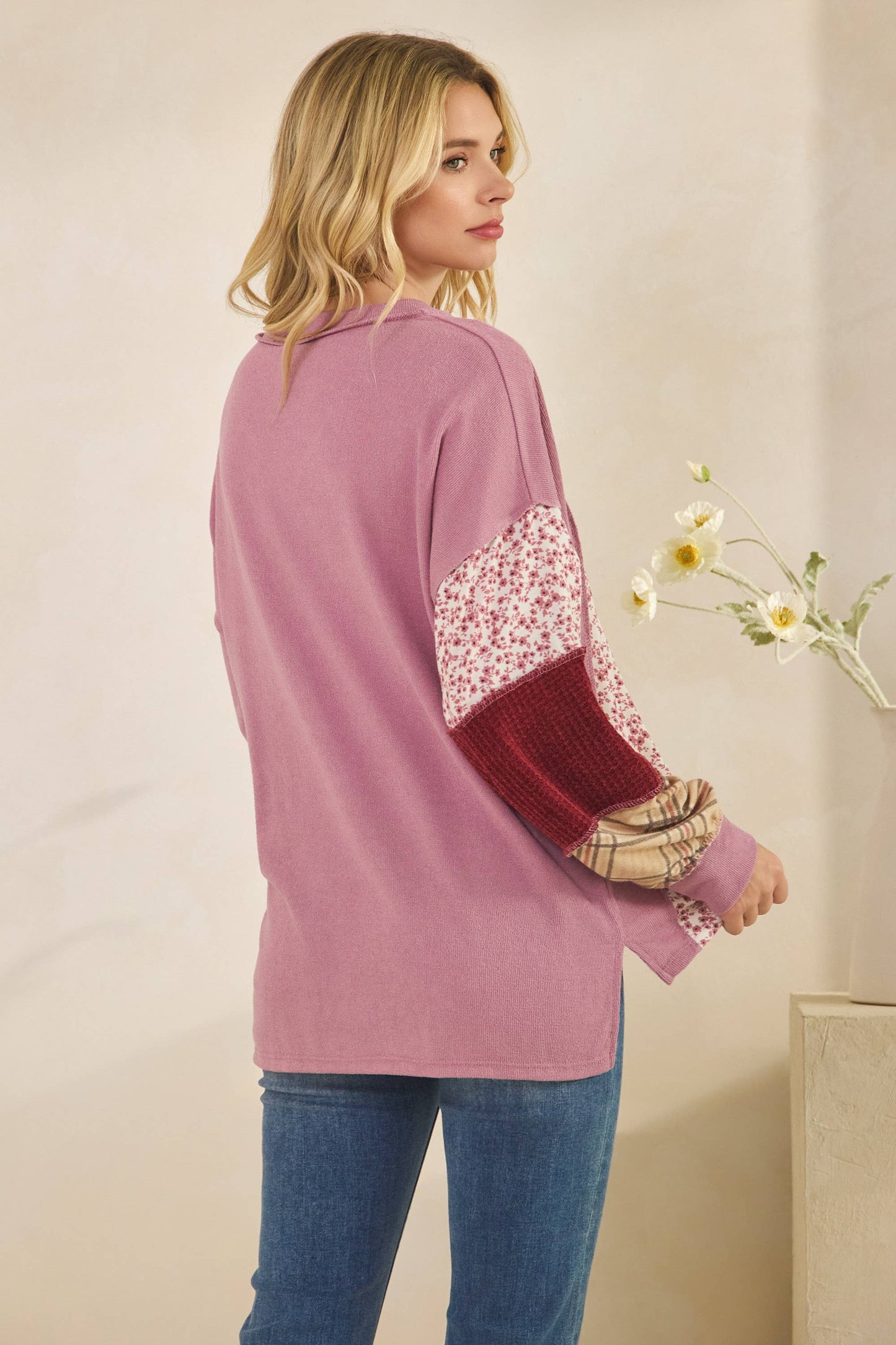 Multi Fabric Patchwork V Neck Long Sleeve Top: MAUVE / 2-2-2-2(S-M-L-XL)