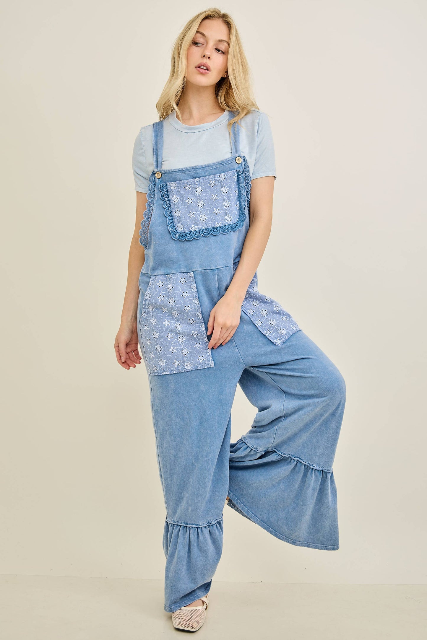 Mineral Washed Tea Party Ruffle Jumpsuits HJ7065: CottonCandy / S-M-L / 2-2-2