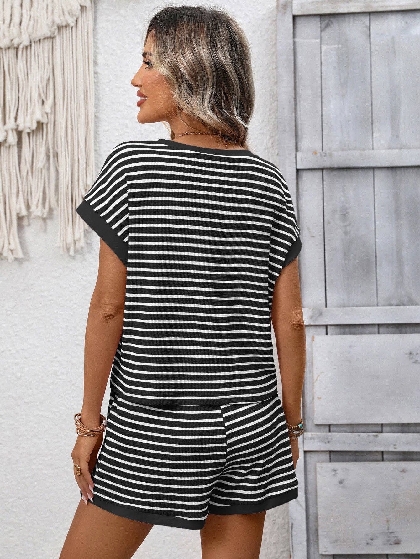 Striped Knit Lounge Set Short Sleeve Top and Shorts: Dark Pink / 65%Viscose + 35%POLYESTER / M