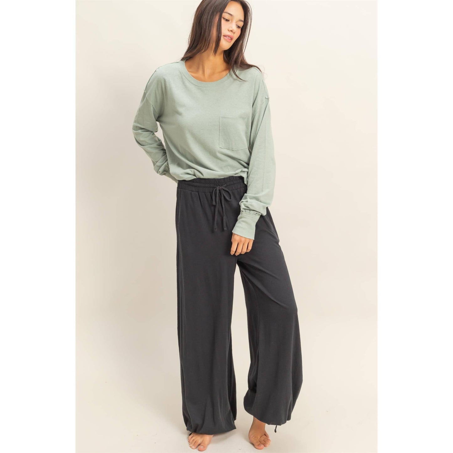 High Waist Drawstring Wide Leg Pants: BLACK / S-M-L(2-2-2)