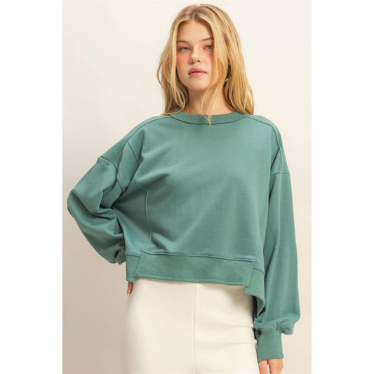 Layered Hem Sweatshirt With Raw Edges: MOSS GREEN / S-M-L(2-2-2)
