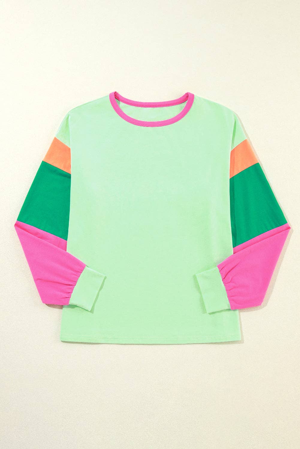 Dark Blue Colorblock Patchwork Long Sleeve Loose Top: Green / 95%Cotton+5%Elastane / M