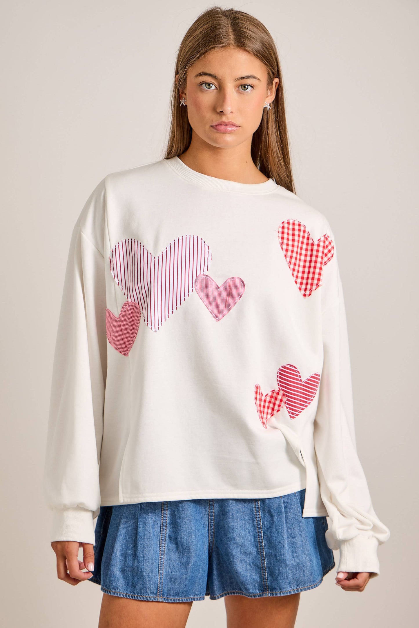 Red Heart Patchwork Sweatshirt – Valentine Pullover: RED / L