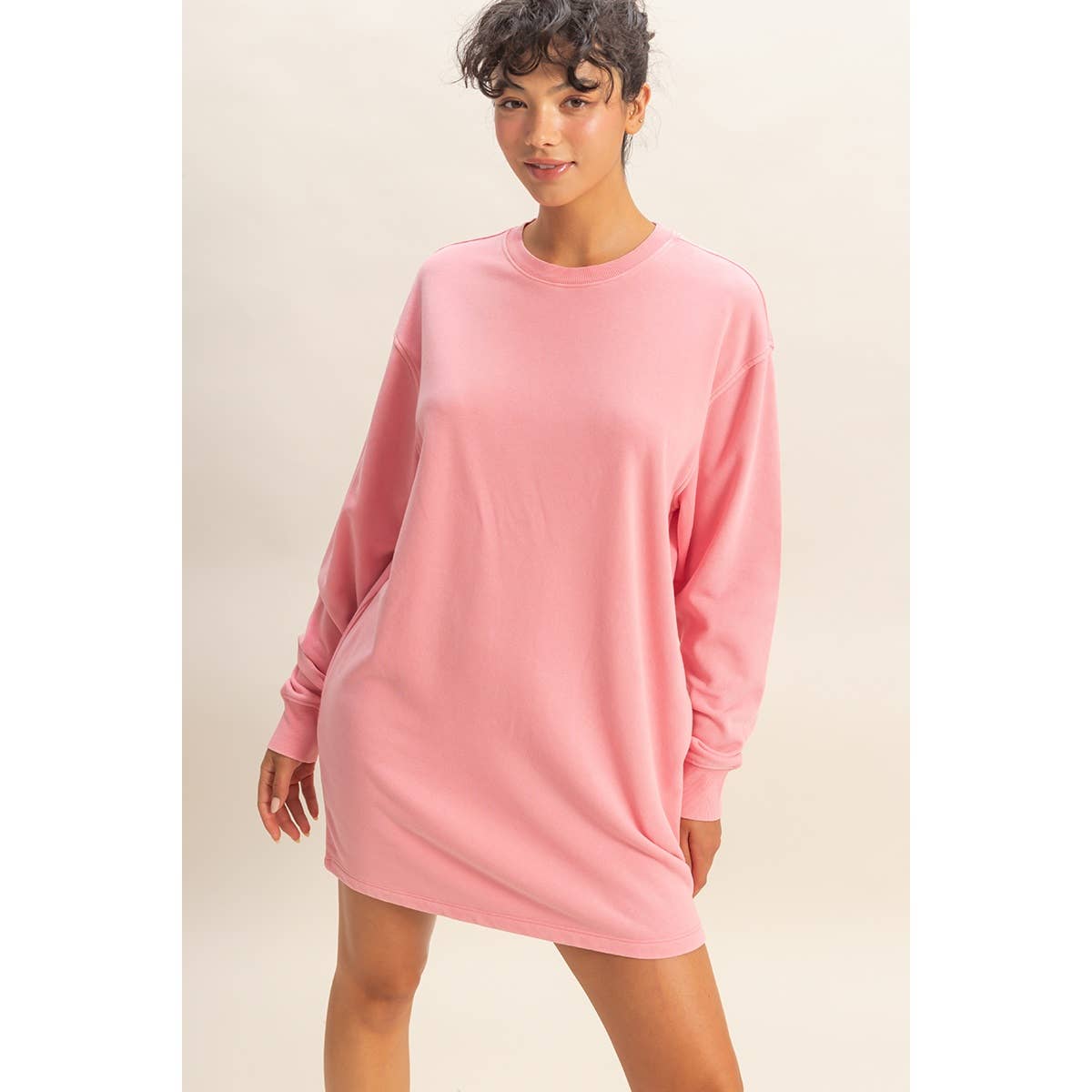 Mineral Washed Oversized Mini Sweatshirt Dress: CHESTNUT / S-M-L(2-2-2)