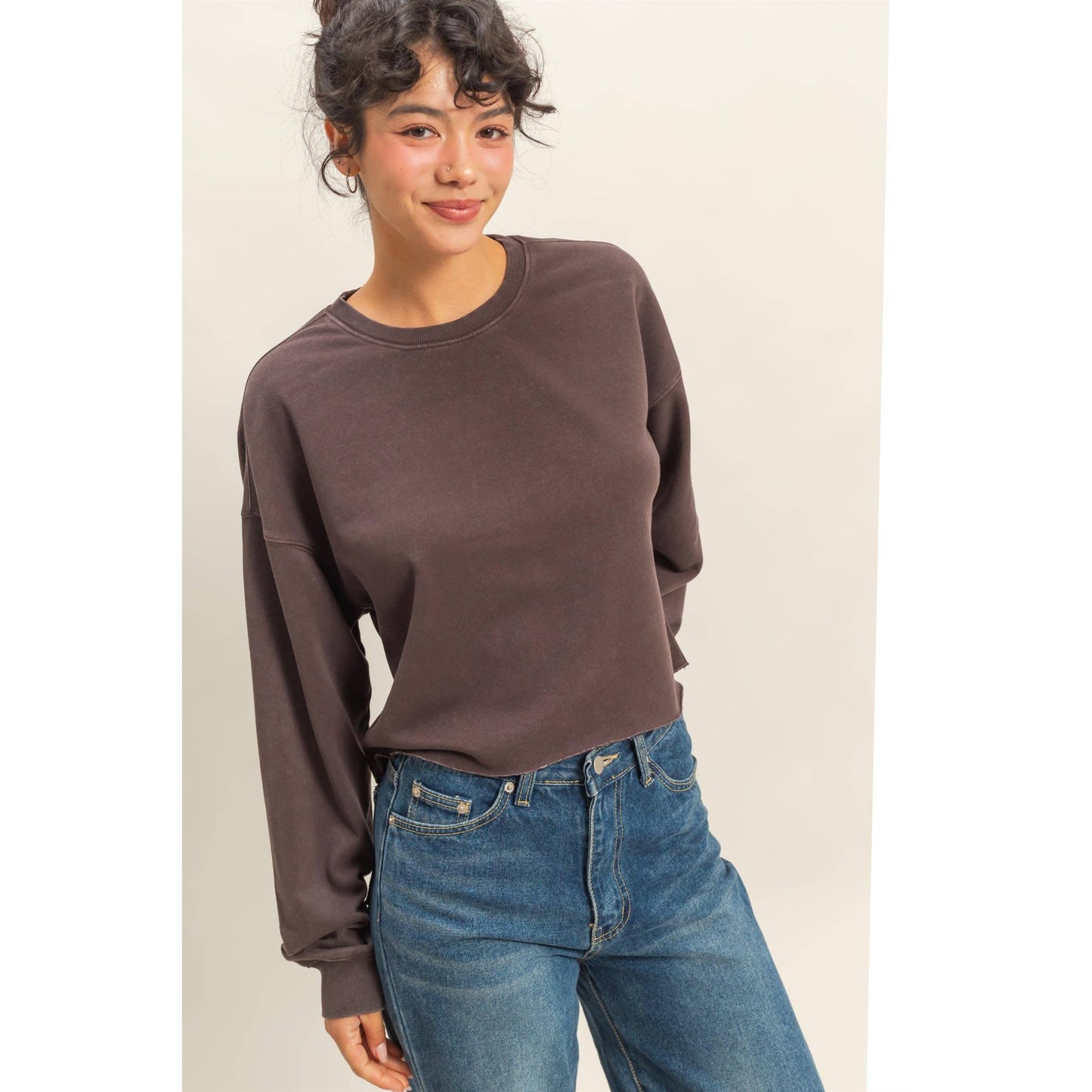 Cropped Crewneck Sweatshirt With Oversized Sleeves: TAFFY PINK / S-M-L(2-2-2)