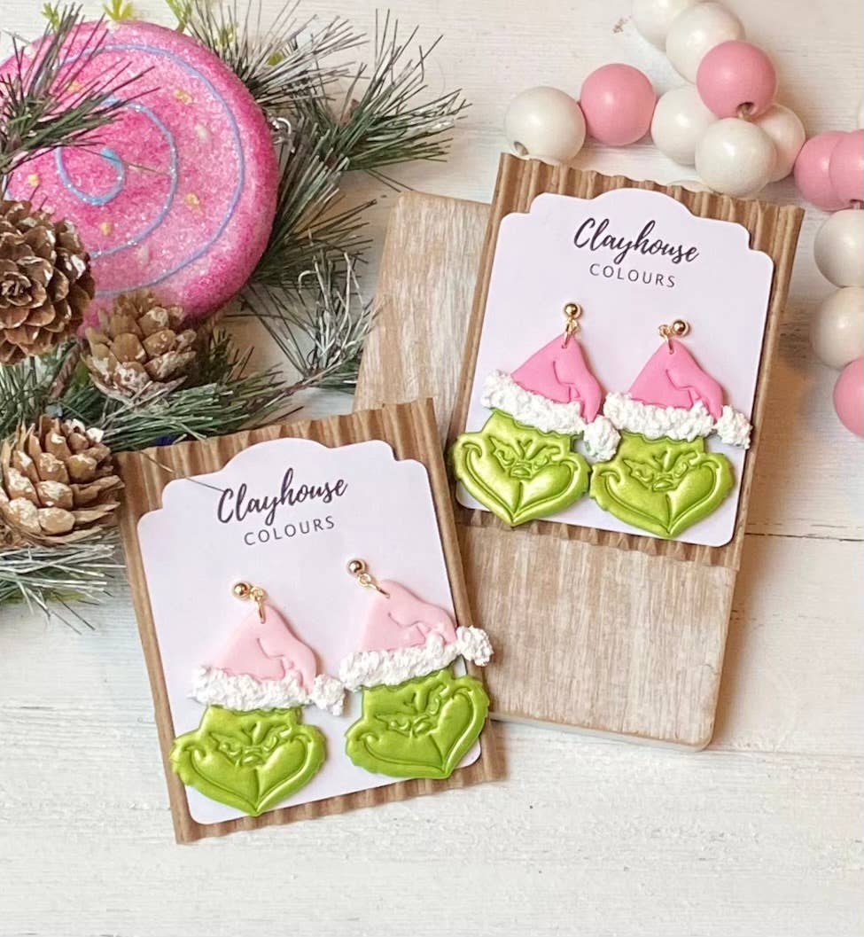 Pink Mean Green Christmas Clay Earrings: Pink