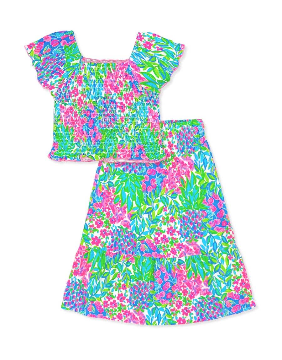 GKSS-3171B-Q60 Girl's 2 pcs Maxi Skirt Set w/ Smocking Top: Green/ Pink Reef / S6/7