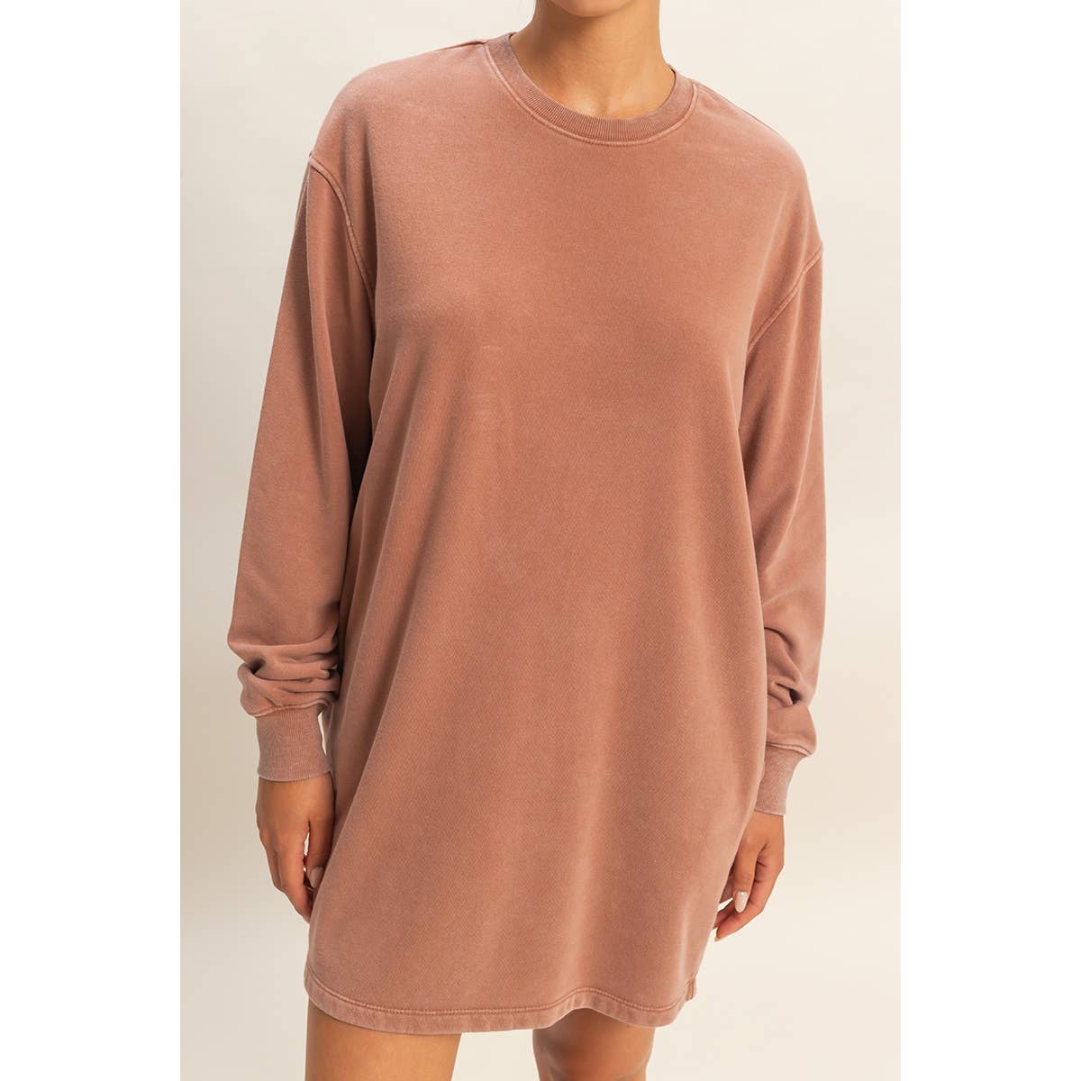 Mineral Washed Oversized Mini Sweatshirt Dress: CHESTNUT / S-M-L(2-2-2)