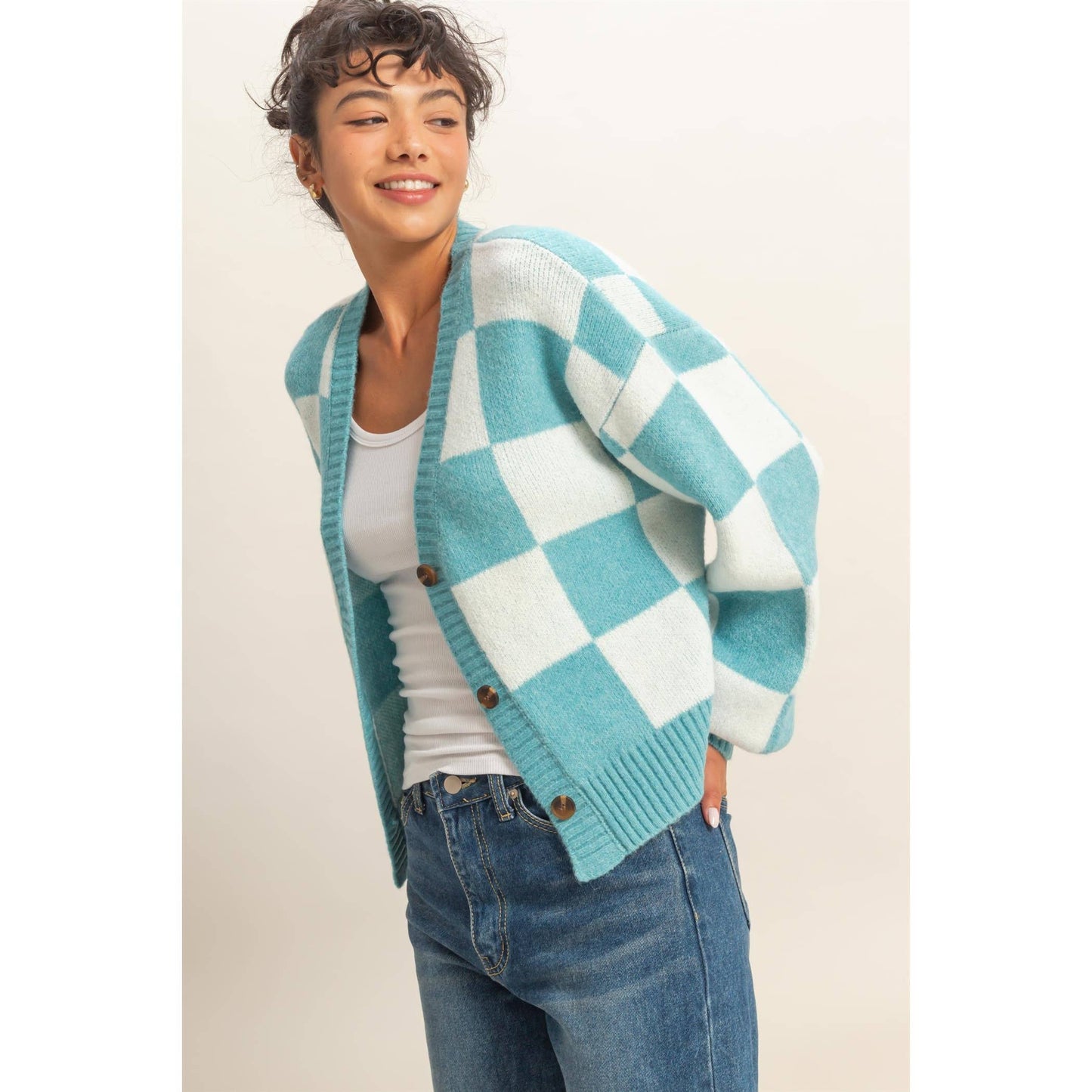 Checkered Button Front Cardigan Sweater: EMERALD/CREAM / S-M-L(2-2-2)