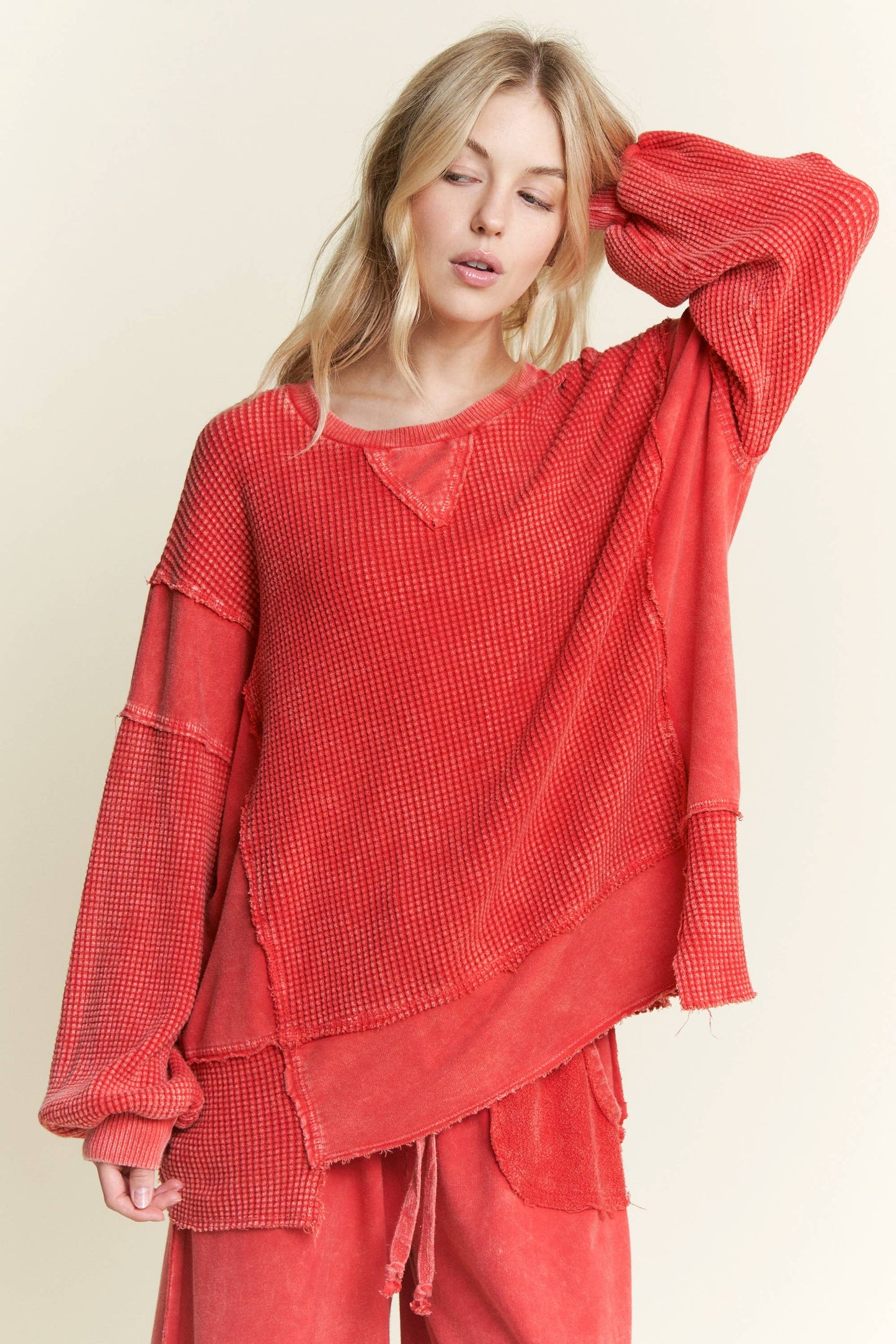 MineralWash Waffle and terry oversized fall shirt HT5989.: Midnight Green / S-M-L / 2-2-2