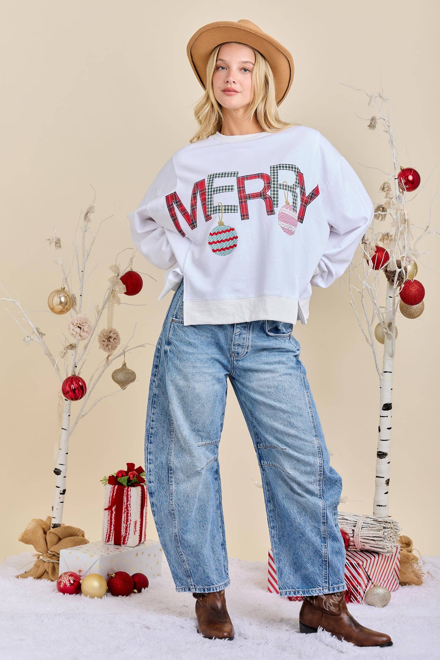 Merry With Ornament Patchwork Oversized Long Sleeve Top: HUNTER GREEN / S