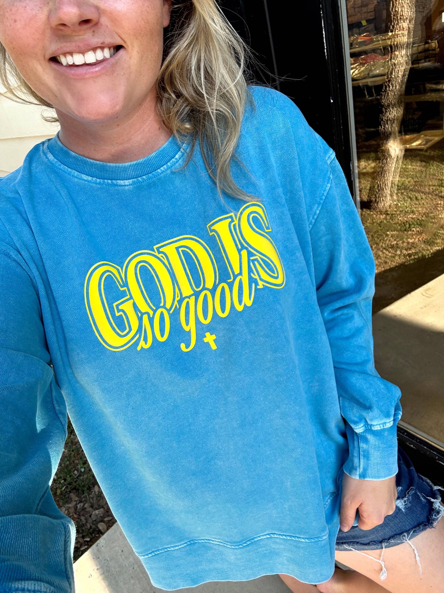 Mineral Wash Sweatshirt – God Is So Good – Cobalt: M