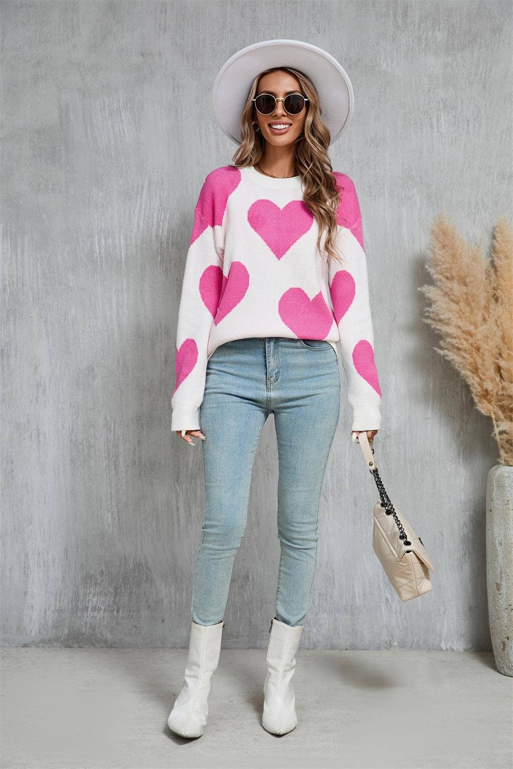 Valentine Heart Knit Sweater Pink Red Pullover Top: Rose Red / L