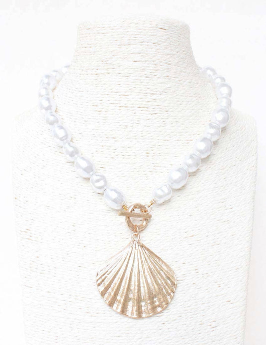 Freshwater Pearl with Gold Hammered Shell Charm 16"-18" Necklace