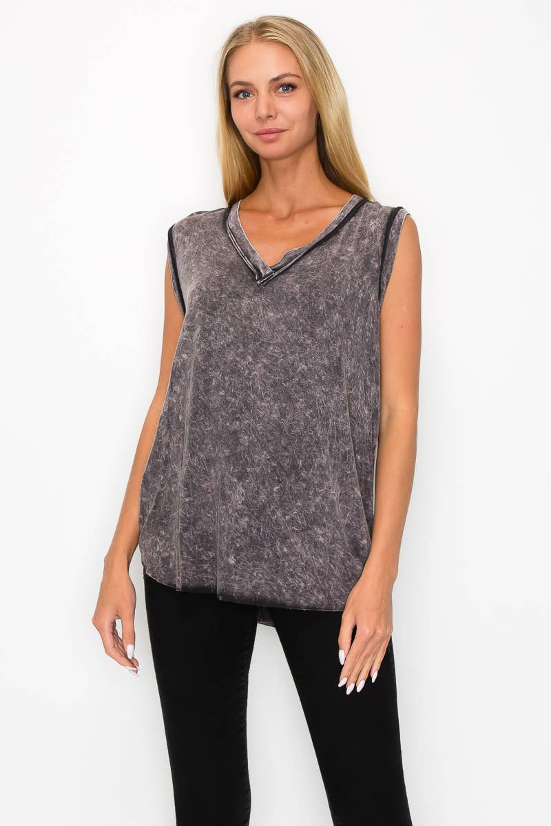 Mineral washed V neck Sleeveless Top HT4004: Olive / S-M-L/2-2-2