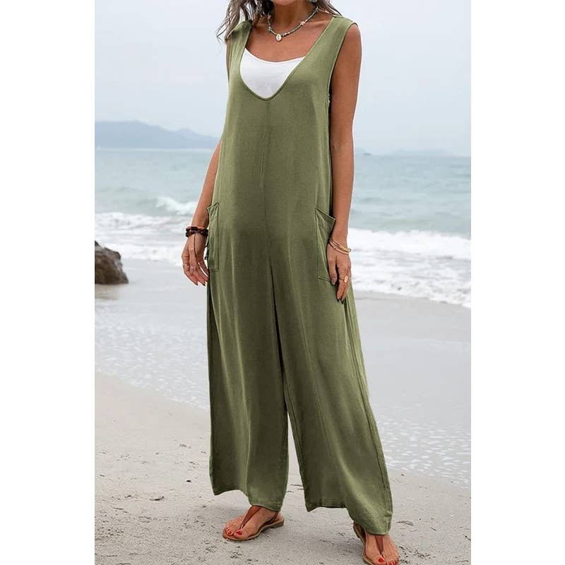 New Solid Color Pocket Fashion Jumpsuit : OLIVE GREEN / L