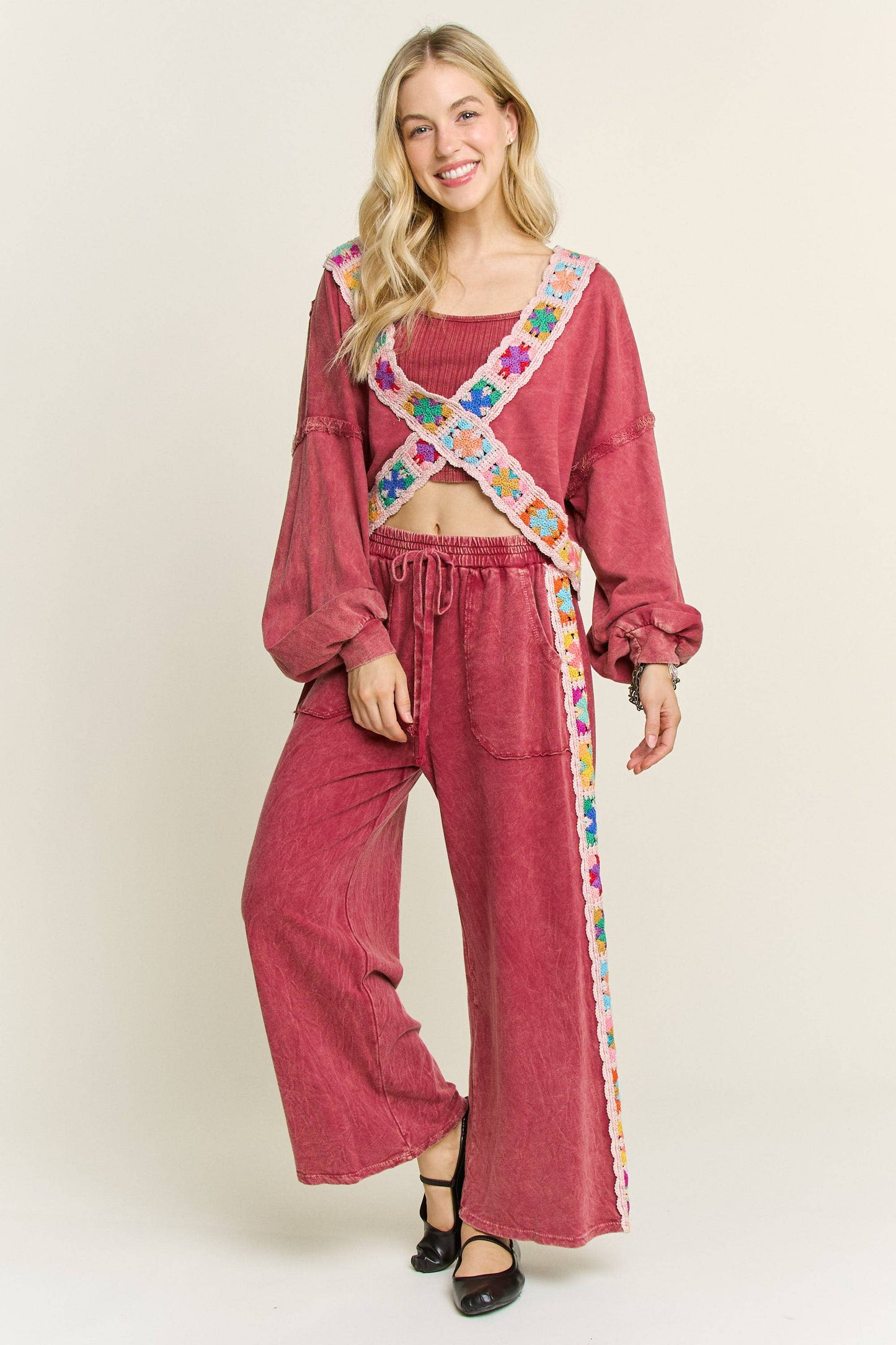 Mineral Washed Real Crochet patch side trim Pants HP6277: Natural / S-M-L / 2-2-2