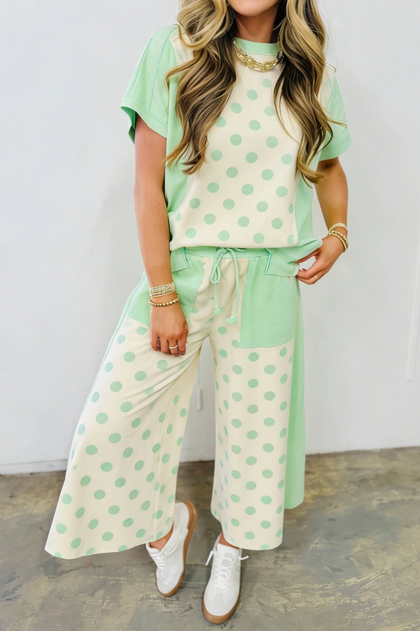 66 Polka Dot Top and High Waist Shorts 2pcs Set (S-XL): Sky Blue / S
