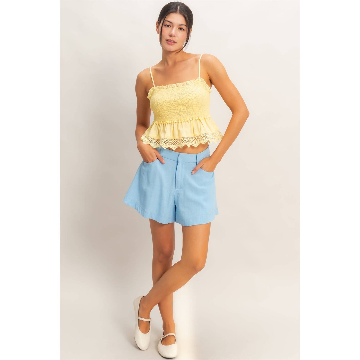 Smocked Peplum Top With Lace Trim: YELLOW / S-M-L(2-2-2)